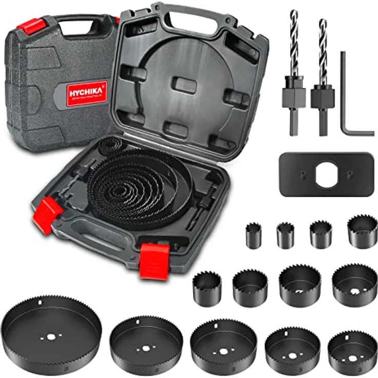 Lochsäge, HYCHIKA 19 PCS Lochsäge Kit mit 13 Sägeblättern 19mm-152mm, 2 Dornen, 2 Bohrern, 1 Montageplatte, 1 Sechskantschlüssel, ideal zum Bohren von Weichholz, PVC-Platte und Kunststoffplatte – Bild 1
