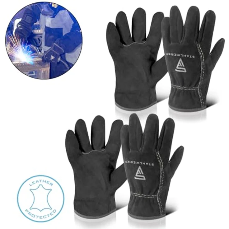 STAHLWERK 2 x Schweißerhandschuhe, hitzebeständige Arbeitshandschuhe aus robustem Rindspaltleder, feuerfest und strapazierfähig – Bild 2