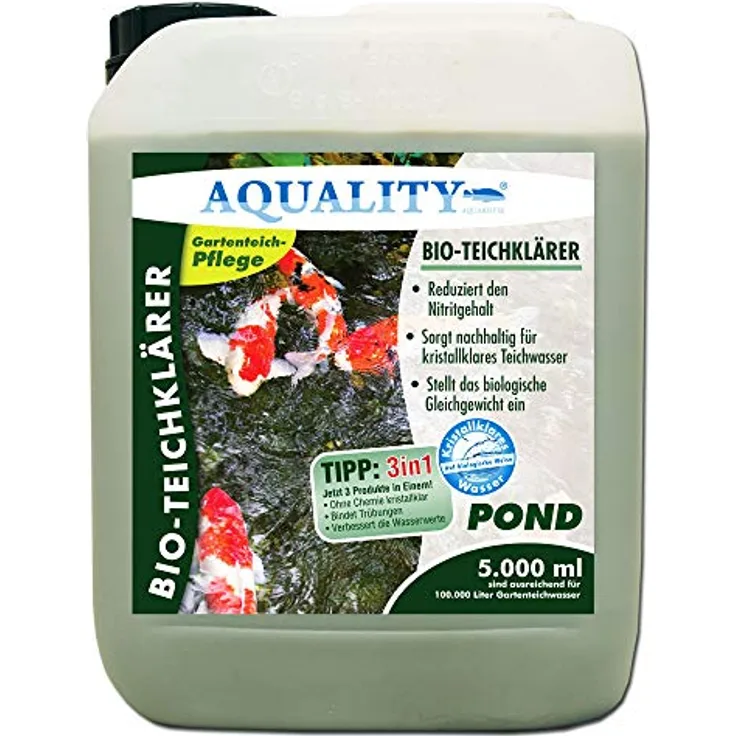AQUALITY Gartenteich Bio-TeichKlärer 3in1 (Teichklar - Nachhaltig kristallklares Wasser, entfernt deutlich Trübungen im Teich + GRATIS Klarwasser Filtervlies), Inhalt:5 Liter