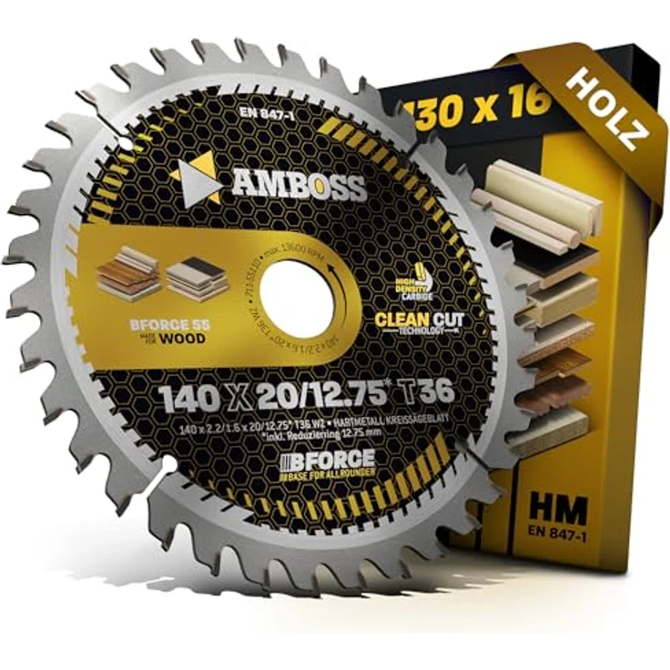 Amboss Werkzeuge HM Kreissägeblatt 140x20 12.75 Z36 Wechselzahn für Holz - Feinschnitt, passend zu Black & Decker DN 227 H. KS 40. KS 227, 140mm +Reduzierring 12.75 20mm, Bforce 55, Amboss-Qualität - für professionelle Holzbearbeitung geeignet – Bild 1