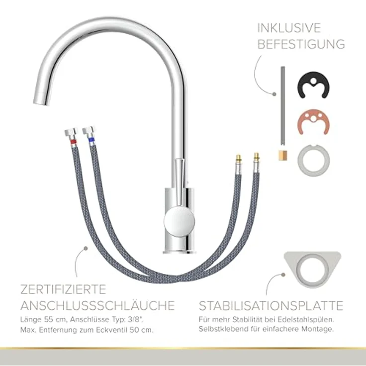 Lenz Küchenarmatur MANA, Chrom mit hoher Schwenkfunktion und spritzfreier Mischdüse – Bild 6