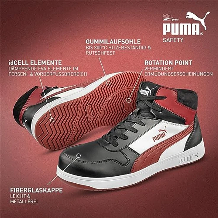 PUMA Safety FRONTCOURT BLK/WHT/RED MID S3 Sicherheitsschuh mit Fiberglaskappe und rutschfester, hitzebeständiger Laufsohle – Bild 3