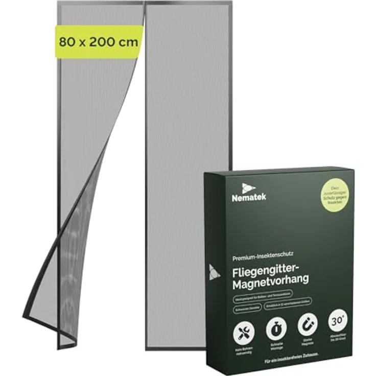 Nematek Fliegengitter Balkontür 80x200 cm - Schwarze Fliegennetz Tür mit starken Magneten, einfach montierbar