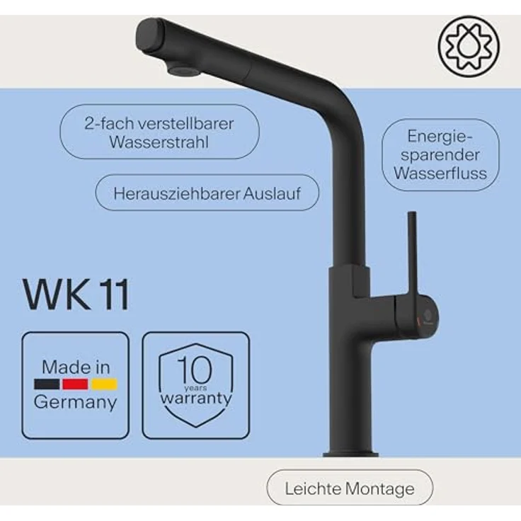 Naber Küchenarmatur Wasserwerk Stringere, Hochdruck, mit herausziehbarem Auslauf und 2 Strahlarten, schwarz matt – Bild 4