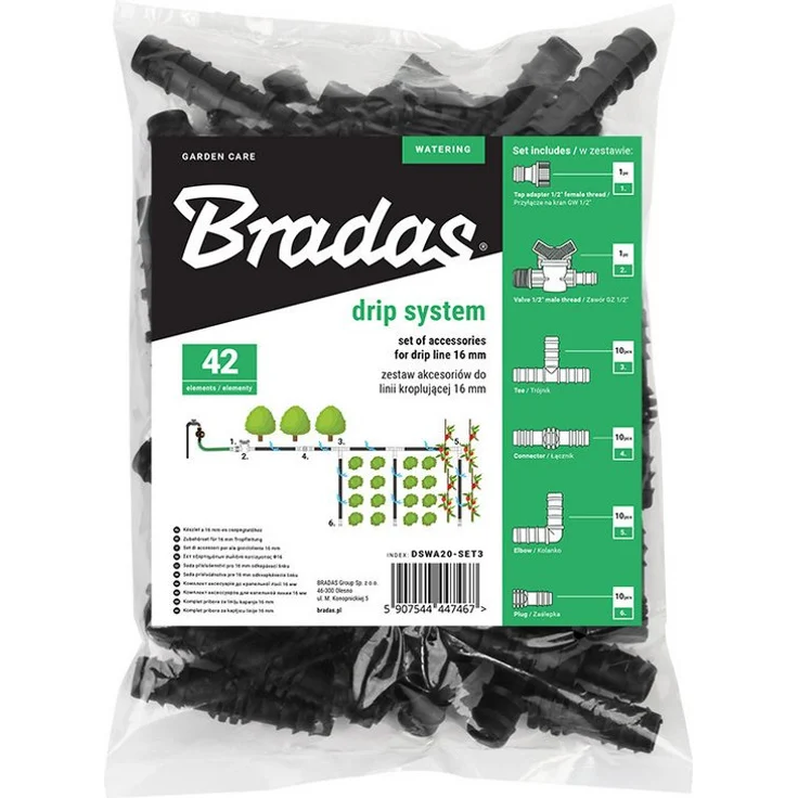 Bradas Bewässerungssystem Bewässerungsarmatur-Set, 42tlg Zubehör für Tropfbewässerung, 16mm Verbinder, witterungsbeständiger Kunststoff