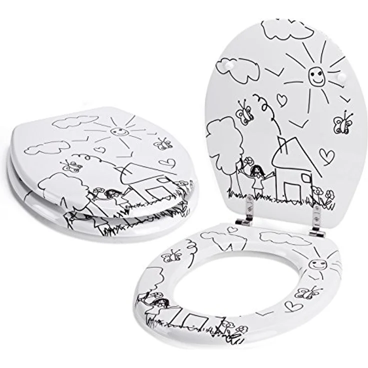 MSV WC-Sitz Kindergarten, MDF, 42,5 cm x 36,5 cm x 5 cm, Weiß-Schwarz, mit Edelstahl-Scharnieren, feuchtigkeitsbeständig und rutschfest – Bild 2