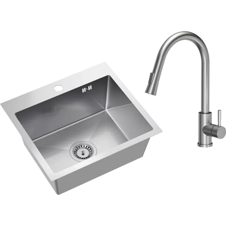 VBChome Edelstahlspüle mit Armatur 50 x 45 cm Gebürsteter Edelstahl Einbauspüle mit Hahnloch Großes Becken, inkl. Ablaufgarnitur und Siphon, Armatur mit ausziehbarem Auslauf
