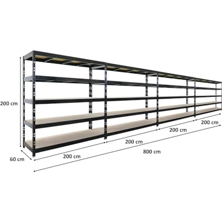 Proregal Schwerlastregal Mega Deal Profi RHINO, 200 x 200 x 60 cm, Traglast pro Boden 500 kg, 5 Böden, Steckmontage, schwarz – Bild 2