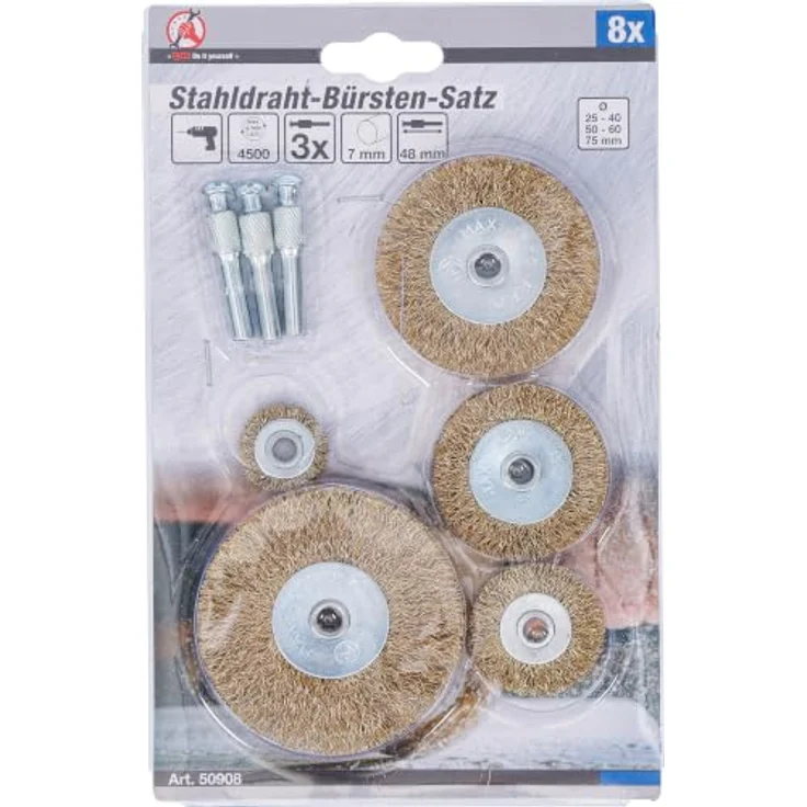 BGS Do it yourself 50908 Stahldraht-Bürsten-Satz, 8-teilig, Ø 25 - 75 mm, für Bohrmaschinenantrieb, max. 4500 U/min – Bild 4