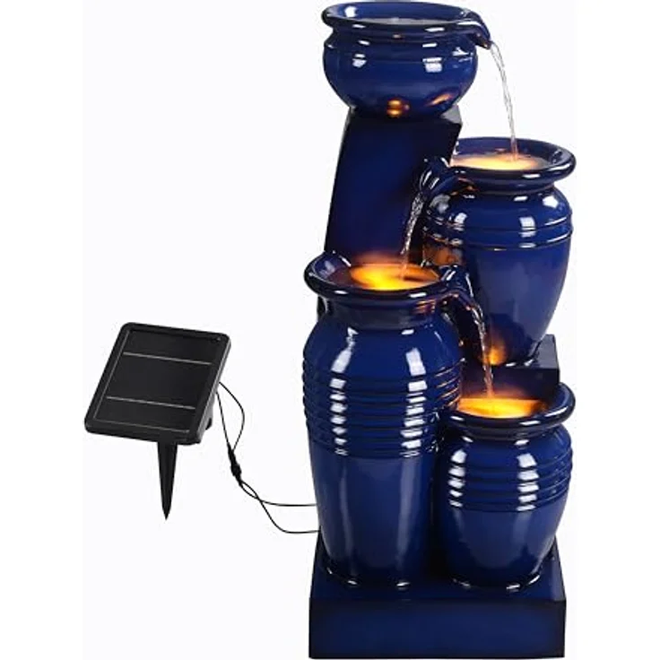 Teamson Home Gartenbrunnen Solarbrunnen 4-stufig aus Polyresin, blau mit LED-Beleuchtung, Höhe 73 cm – Bild 2