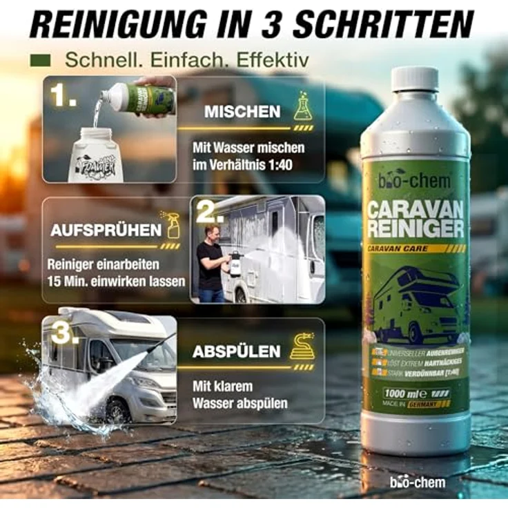 bio-chem bio-chem Caravan- & Wohnmobilreiniger 1L Konzentrat, extra stark Auto-Reinigungsmittel, entfernt Regenstreifen, Baumharz & Insektenrückstände – Bild 7