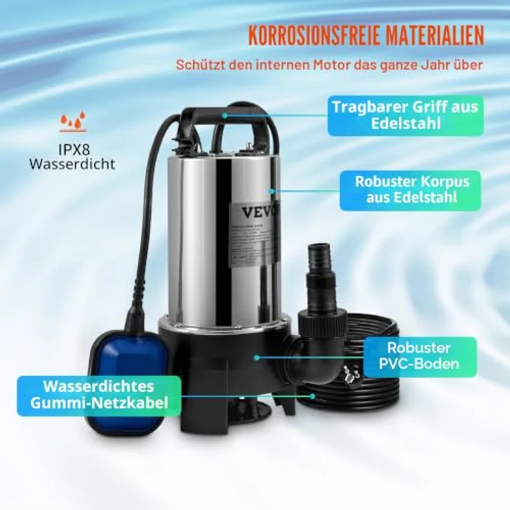 VEVOR Tauchpumpe 1100W Schmutzwasserpumpe mit 333,3L/min Durchfluss, IPX8 wasserdicht, automatischer Schwimmerschalter, zuschneidbarer Auslass – Bild 4