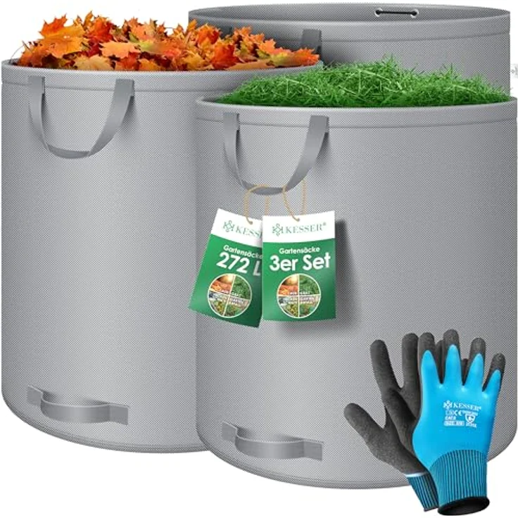 KESSER® Gartensack 3x 272L Set Laubsack Gartenabfallsack inkl. Handschuhe - Selbststehend 4 Griffe Stabil Robust & Faltbar - Laubsäcke Rasenschnitt Gartensäcke für Gartenabfälle Grünschnitt Grau – Bild 1