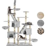 HAPPYPET Kratzbaum deckenhoch 260 cm hoch, höhenverstellbar von 230-260 cm, großer XXL Kletterbaum Katzenbaum für Katzen, 8 cm stabile Säulen mit Sisal, Häuser mit Treppen Liegemulden, Grau