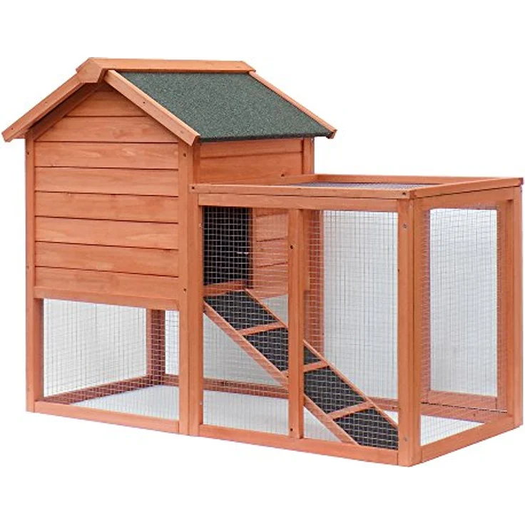 Wiltec Hasenstall 1220 x 630 x 920 mm mit Freilaufgehege und erhöhtem Unterschlupf, Fichtenholz, 2 Etagen, Kleintierstall, grün – Bild 4