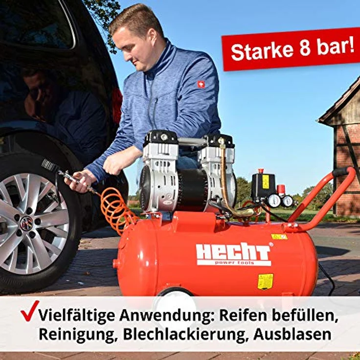 HECHT 2085 Flüster Kompressor, 8bar, 50 Liter, 196l/h, Druckminderer und Schnellkupplung – Bild 4