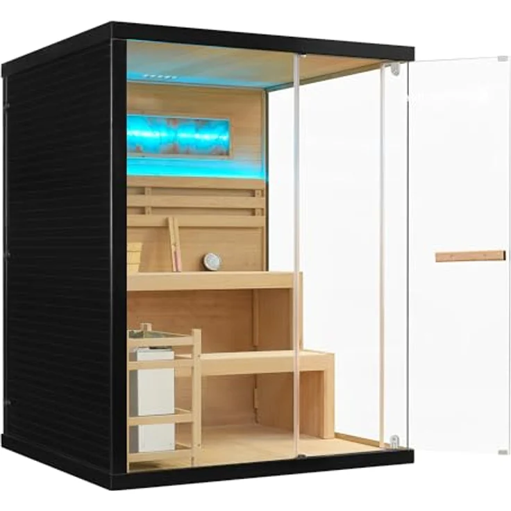 Artsauna Sauna Vantaa 150, BxTxH: 150 x 140 x 190 cm, 5 mm, 2 große Salzsteine, Ambientebeleuchtung, Schwarz/Natur, 3 Personen, 4,5 kW Ofen mit Saunasteinen – Bild 7
