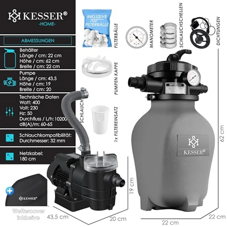 KESSER Sandfilteranlage Sandfilter + 700g Filterbälle ersetzen 25kg Filtersand 7-Wege Ventil mit Druckanzeige Poolfilter 10 m³-h Filteranlage Filterkessel für Pool Schwimmbecken 10.200 L-h Grau – Bild 8