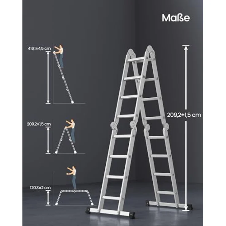 SONGMICS Leiter, Mehrzweckleiter, Aluleiter, 6 Positionen, bis 150 kg, 430 cm lang, silbern – Bild 5