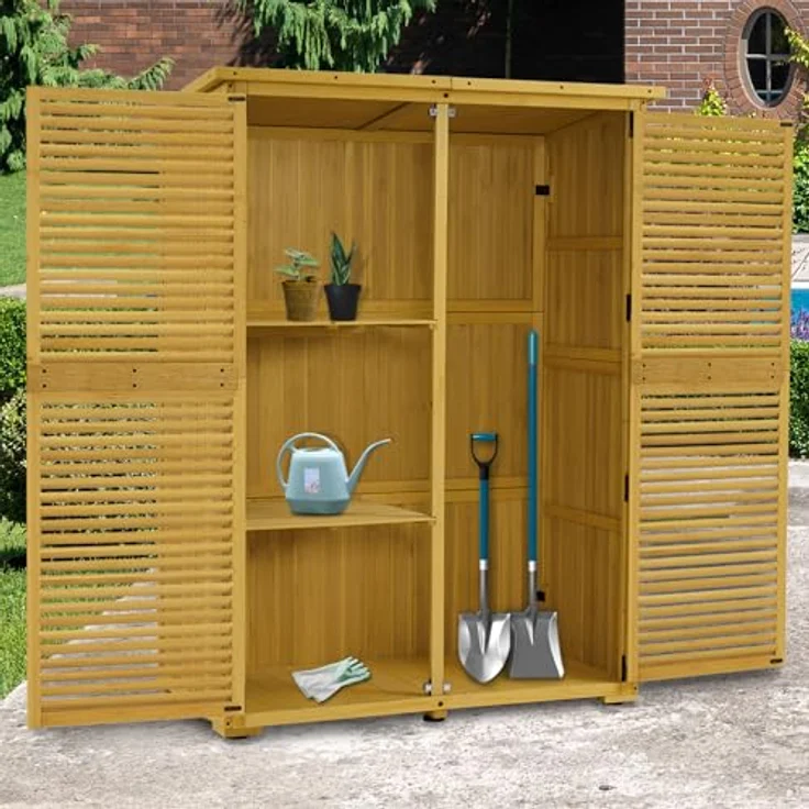 M MCombo Gartenschrank Holz 0901D-F, Wetterfestes Gartenhaus Klein für Outdoor, 2 Abteile, abschließbar, 59×127×168 cm, Natur – Bild 2