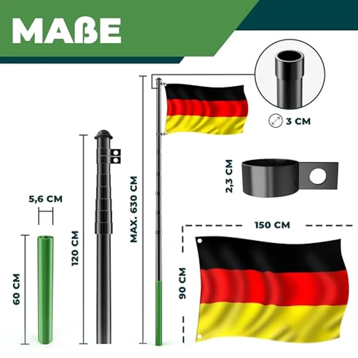 KESSER Teleskop Fahnenmast Aluminium 6,30m Bodenhülse 60cm inkl Deutschlandfahne Höhenverstellbar Flaggenmast Mast Deutschland Flagge Alu Schwarz – Bild 9