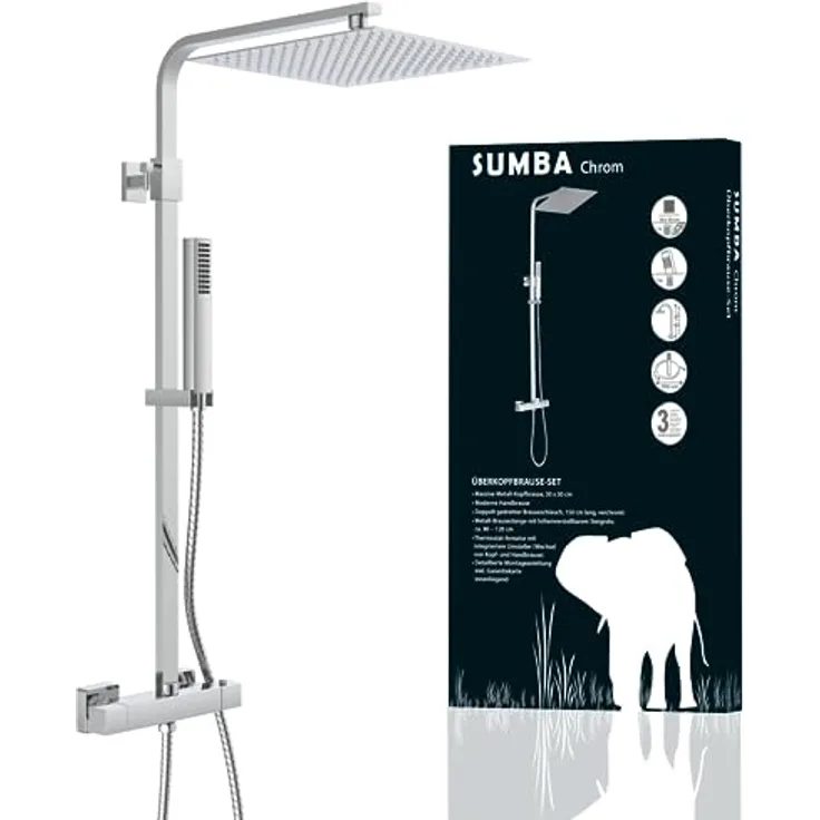 SCHÜTTE 60049 SUMBA Duschsystem Regendusche mit Thermostat und Wandhalterung, 30x30cm Edelstahl Duschkopf, Duschset inkl. Duscharmatur, Duschstange Brause, Chrom
