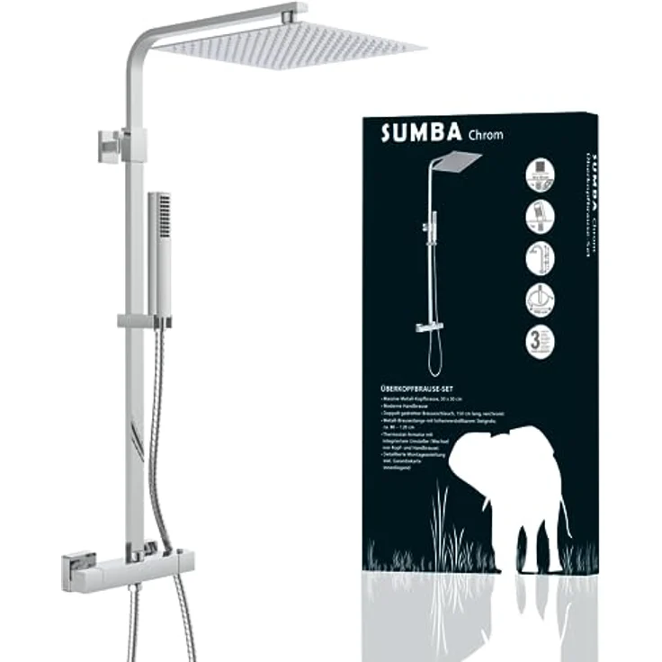 SCHÜTTE 60049 SUMBA Duschsystem Regendusche mit Thermostat und Wandhalterung, 30x30cm Edelstahl Duschkopf, Duschset inkl. Duscharmatur, Duschstange Brause, Chrom – Bild 1