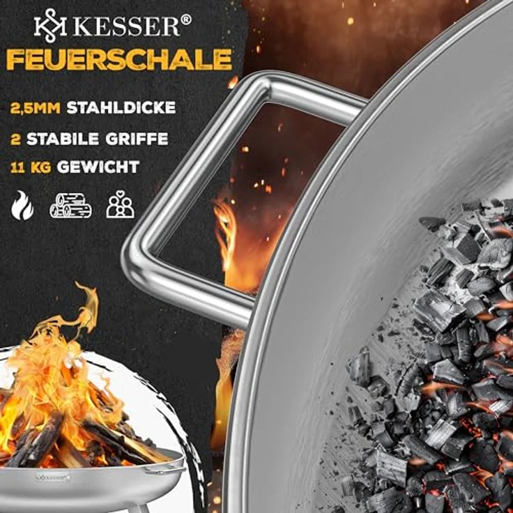 KESSER® Feuerschale Ø80cm, 2,5mm Stahl, mit Wasserablauf, 42cm Feuerhaken aus Gusseisen, 2 stabile Griffe, ideal für Garten und Terrasse – Bild 2