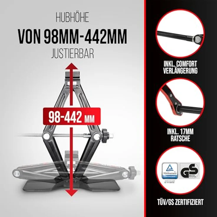 HEYNER® Scherenwagenheber 2 t für VW Transporter T6 (2015, FL 2019) – Hub 98-442 mm, 360° Gummiauflage mit 4 mm Metallkern, 17 mm Ratsche & Kurbel, Comfort‑Verlängerung, Q235‑Stahl – Bild 2