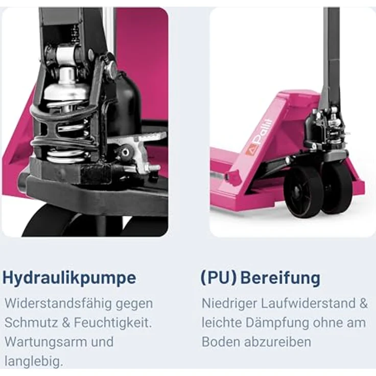 Pallit Gabelhubwagen COLOR, 2500kg Palettenwagen aus Stahl mit 1150mm Gabellänge, PU Rollen und ergonomischer Deichsel, RAL 2011 tieforange – Bild 4