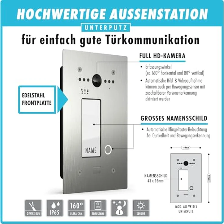 m-e modern-electronics ALL-VF10S-M7W Video-Türsprechanlage, 2-Draht BUS System, Silber/Edelstahl, erweiterbar mit bis zu 8 Außenstationen und 10 Innenstationen – Bild 4