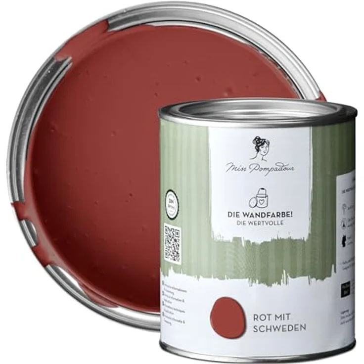 MissPompadour Wandfarbe Rot mit Schweden, matte Innenfarbe mit sehr hoher Deckkraft, 1 L, geruchsneutral und spritzfrei, wasserbasiert – Bild 1