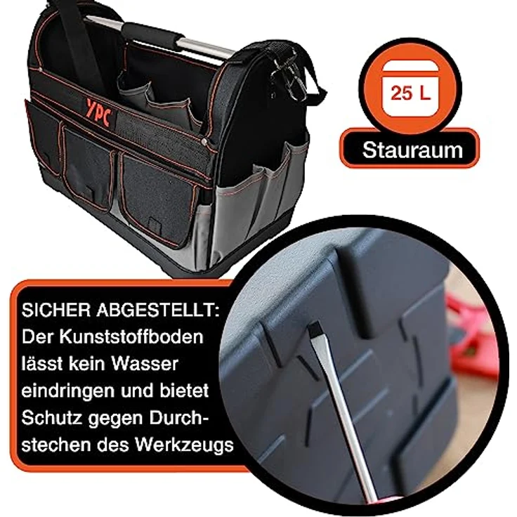 YPC Pioneer Werkzeugkorb XXL – Profi tragbare Werkzeugtasche, Wasserfest, Reißfest, Schultergurt mit Polster & Metall-Handgriff, Grau-Schwarz, 45x35x23cm, 20 kg Tragkraft – Bild 4