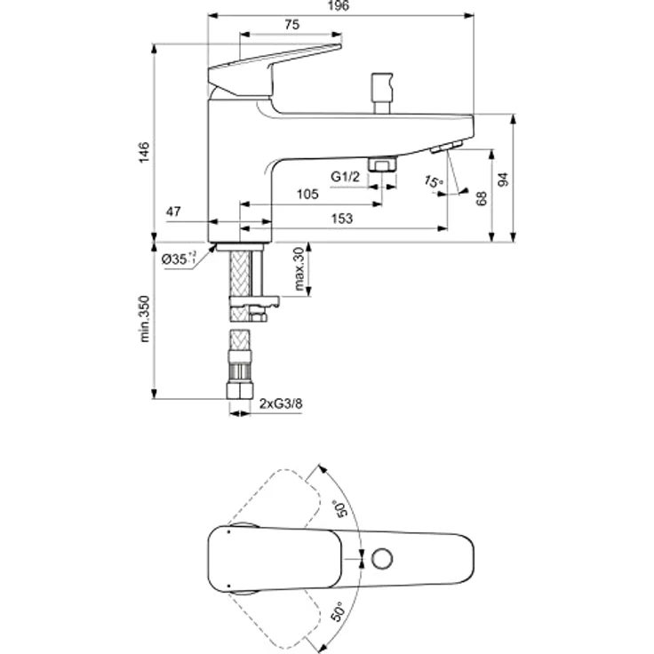Ideal Standard Badearmatur Wannenrand Ceraplan, Einhebel-Einlocharmatur mit starren Gussauslauf, Chrom – Bild 6