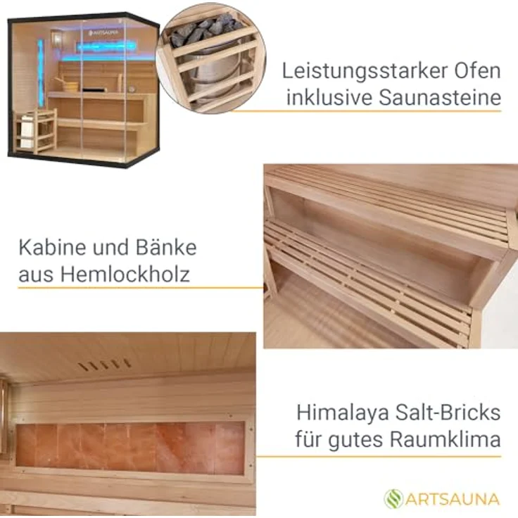 Artsauna Sauna Vantaa 175, BxTxH: 175 x 140 x 190 cm, 5 mm, 2 große Salzsteine, Ambientebeleuchtung, Schwarz/Natur, 8 kW Ofen und Saunasteine, 4 Personen Saunakabine – Bild 5