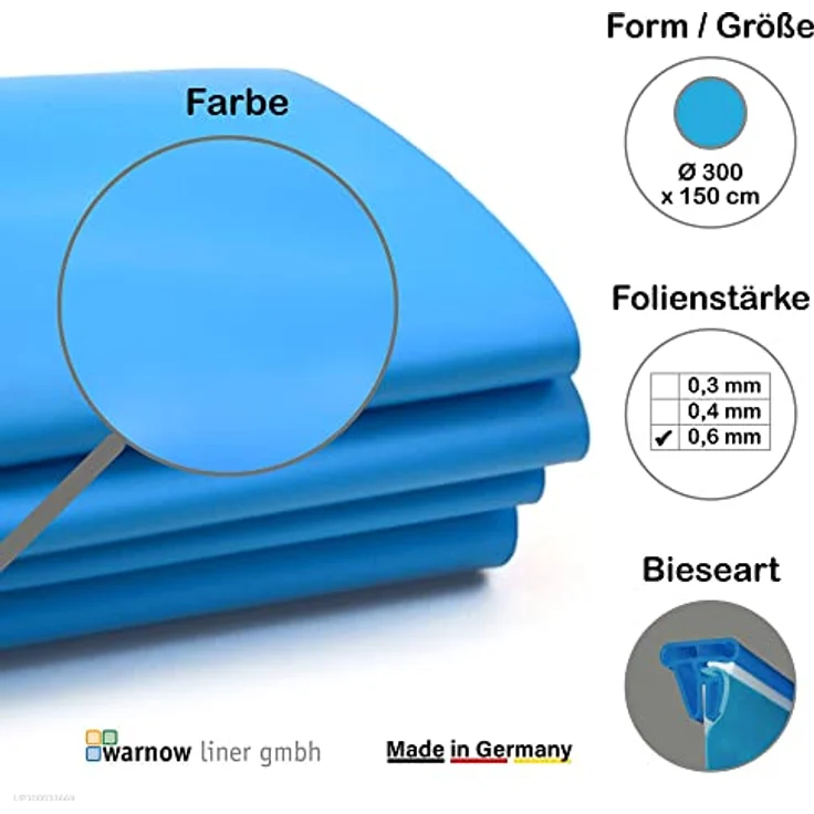 Warnow Liner Premium Poolfolie für Rundpool, 300 cm x 150 cm, Stärke: 0,6 mm, blau, Keilbiese – Bild 3