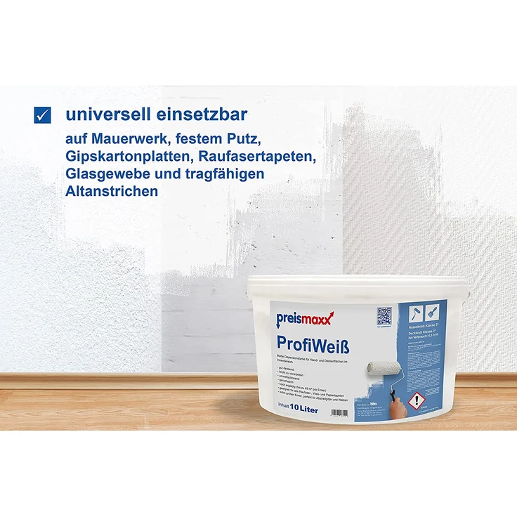 preismaxx ProfiWeiß Wandfarbe weiß 10L Deckkraft Klasse 2 Nassabrieb Klasse 3 universell einsetzbar – Bild 3