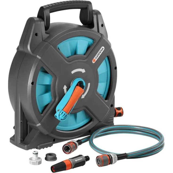 GARDENA Classic Schlauchbox 15 Set (2662-20) 15 m Schlauchlänge mit Regulierspritze, Schlauch, Tragegriff blau, grau, orange