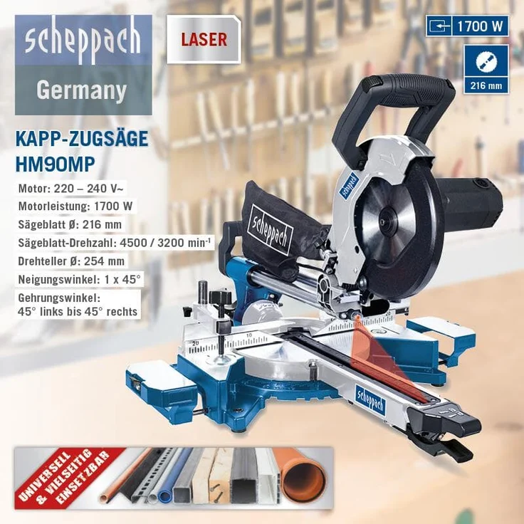 Scheppach HM90MP Kapp-Zug-Gehrungssäge 1700 W, Ø216 mm Sägeblatt, Schnittleistung von 340 x 65 mm, mit Schnittkanten-Laser und LED, Drehtisch mit Schnellarretierung und zwei Schnittgeschwindigkeiten – Bild 7