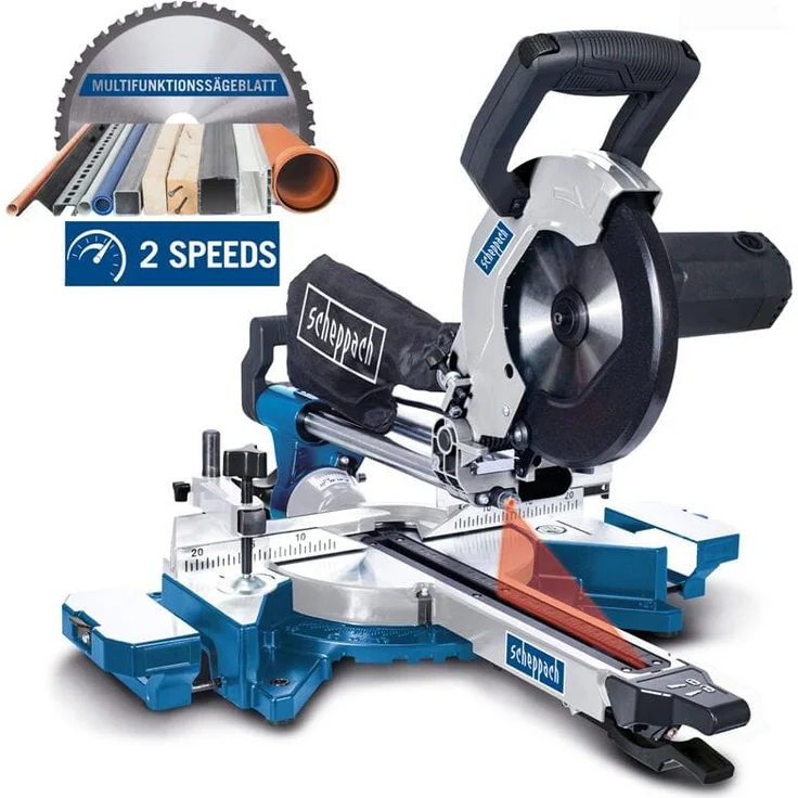 Scheppach HM90MP Kapp-Zug-Gehrungssäge 1700 W, Ø216 mm Sägeblatt, Schnittleistung von 340 x 65 mm, mit Schnittkanten-Laser und LED, Drehtisch mit Schnellarretierung und zwei Schnittgeschwindigkeiten – Bild 1