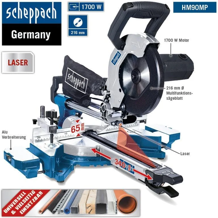 Scheppach HM90MP Kapp-Zug-Gehrungssäge 1700 W, Ø216 mm Sägeblatt, Schnittleistung von 340 x 65 mm, mit Schnittkanten-Laser und LED, Drehtisch mit Schnellarretierung und zwei Schnittgeschwindigkeiten – Bild 2