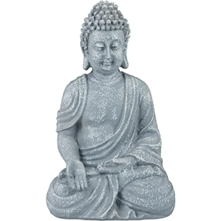 Relaxdays Buddha Figur sitzend, 30 cm, Gartenfigur, Dekofigur Wohnzimmer, Keramik, wetterfest, frostsicher, hellgrau – Bild 2