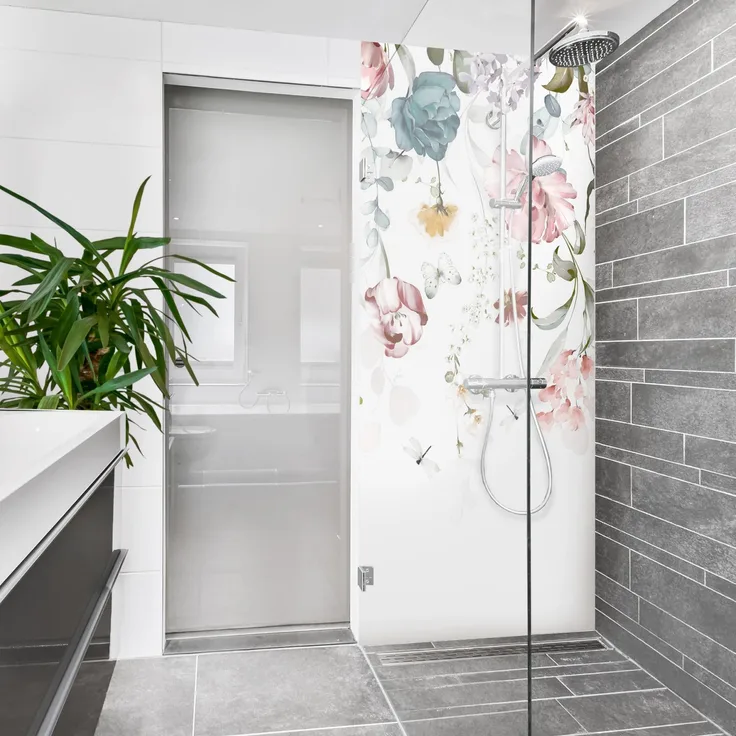 Apalis Home Duschrückwand Blumen selbstklebend, 0.35 mm wasserfestes Wandpaneel in pastell Aquarell, fugenlos Smart matt, 80x190 cm