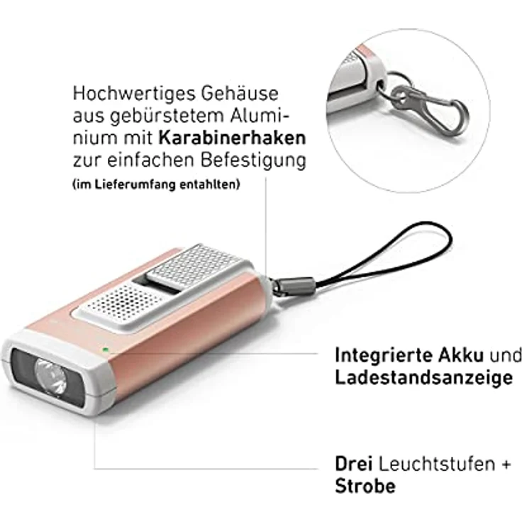 Ledlenser K6R Safety, kompakte Schlüsselbundleuchte, 400 Lumen, wiederaufladbar, mit USB-A-Schnittstelle, mit Schrillalarm-Funktion (Grau) – Bild 3