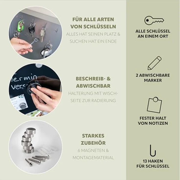 bremermann Schlüsselkasten XL, mit schwarzer Glasfront, 13 Haken, grau, inklusive Marker und Magneten – Bild 6