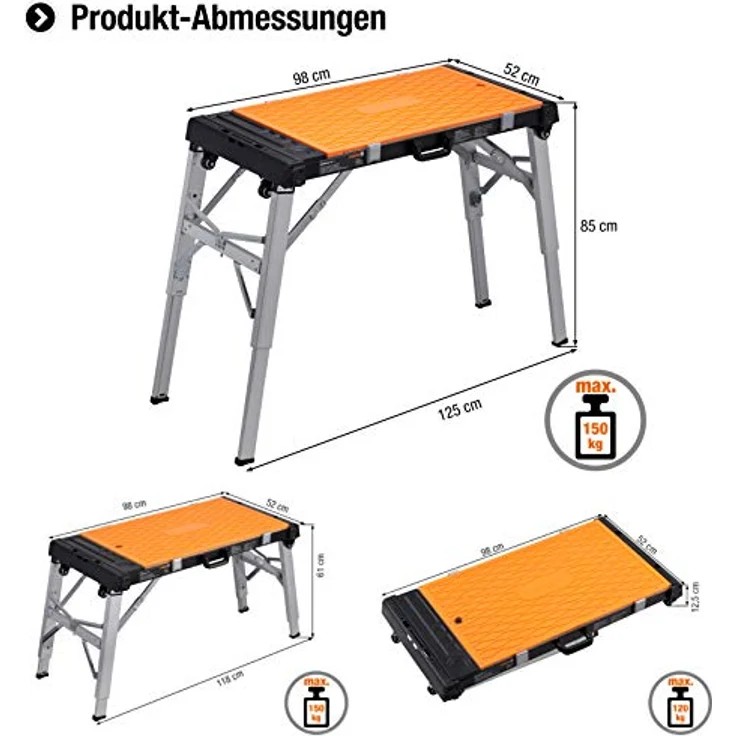 Meister Universal-Werkbank 4 in 1-Tritt-Hocker-Rollbrett-Transportroller-85 cm Arbeitshöhe-Mit Ablagefächern & wendbarer Arbeitsplatte-Höhenverstellbare Werkzeugbank-Werktisch - 9079620 – Bild 3