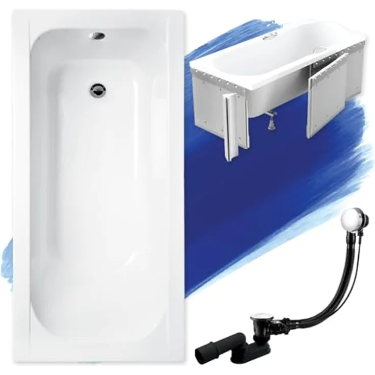 Besco BADLAND Badewanne CONTINEA 150x70 cm, rechteckige Acryl Wanne in Weiß mit Premium Styroporverkleidung, Füßen und Chrom Automatik Ablaufgarnitur, 4in1 Komplettset Made in EU