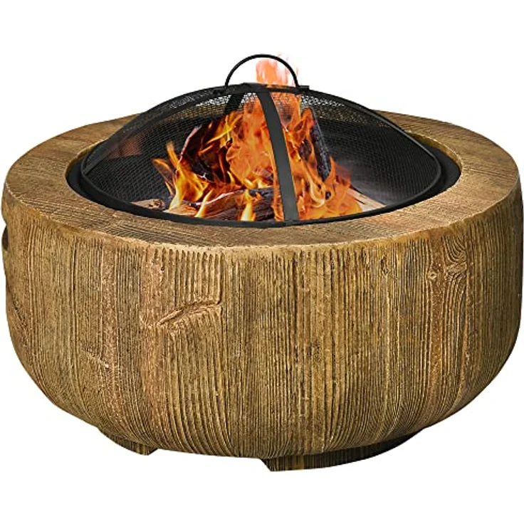 Outsunny Feuerschale, Feuerstelle mit Deckel, Feuerkorb mit Schürhaken, im Baumstumpf-Design, für Garten, Camping, Terrasse, Stahl, MgO, Braun – Bild 1