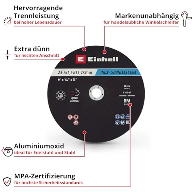 Einhell Trennscheiben Metall, 10-tlg., Ø 230 mm, MPA-zertifiziert, für Edelstahl und Stahl, leichter Schnitt – Bild 2