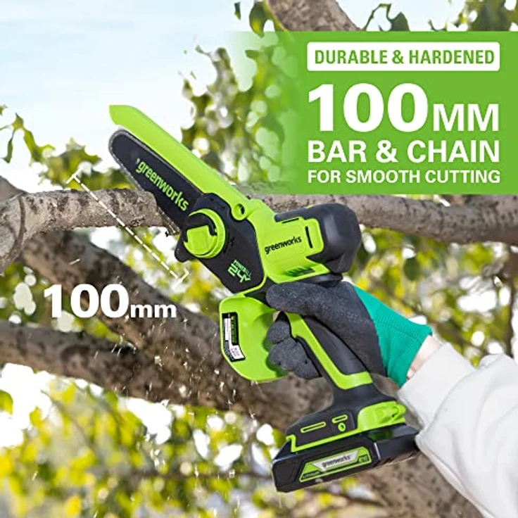 Greenworks G24MCS10K2, 24 Volt Mini Akku Kettensäge mit 450 Watt, Akku und Ladegerät, leicht und handlich – Bild 4